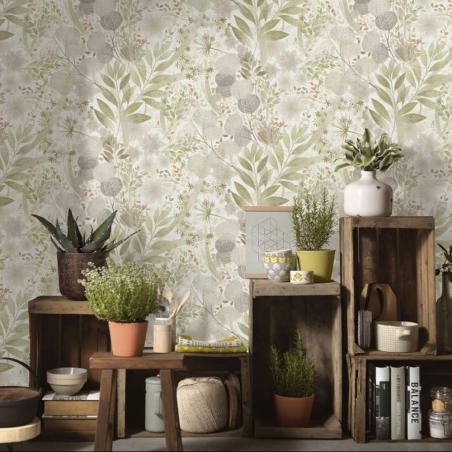 Tapeta ścienna Erismann Secret Garden 10506-35 liście kwiaty dmuchawce zielone beżowe