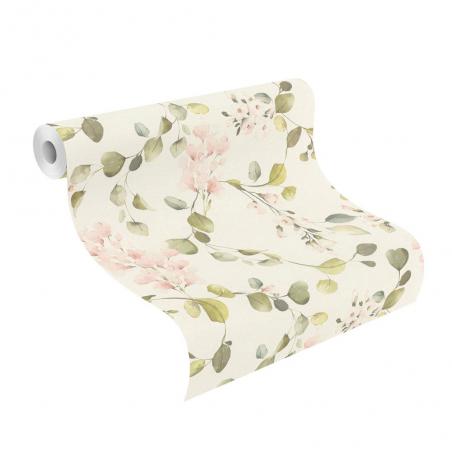 Tapeta ścienna Rasch 582215 delikatne romantyczne kwiaty liście różowe zielone