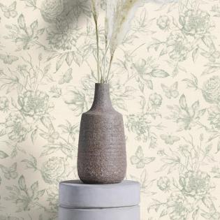 Tapeta ścienna Rasch 793925 delikatne kwiaty w stylu wintage zielone na beżowym tle