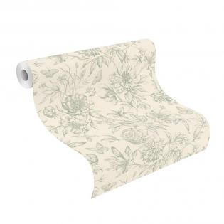 Tapeta ścienna Rasch 793925 delikatne kwiaty w stylu wintage zielone na beżowym tle