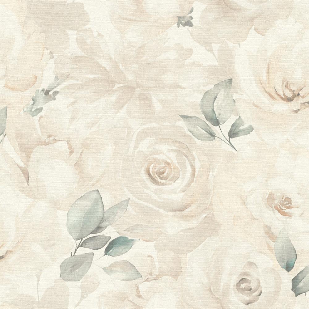 Tapeta ścienna Rasch Selection 582321 delikatne róże kremowe kwiaty z zielonymi listkami