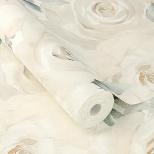 Tapeta kremowe kwiaty z zielonymi listkami