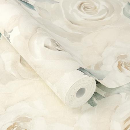 Tapeta kremowe kwiaty z zielonymi listkami