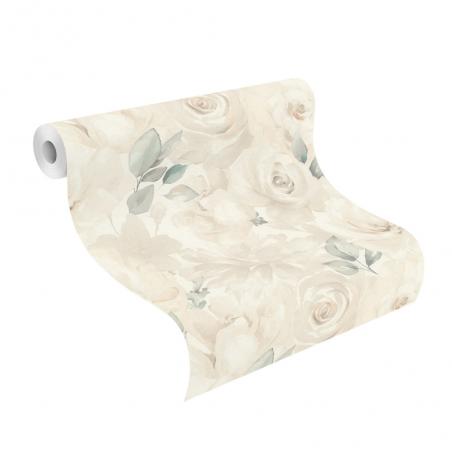 Tapeta ścienna Rasch Selection 582321 delikatne róże kremowe kwiaty z zielonymi listkami