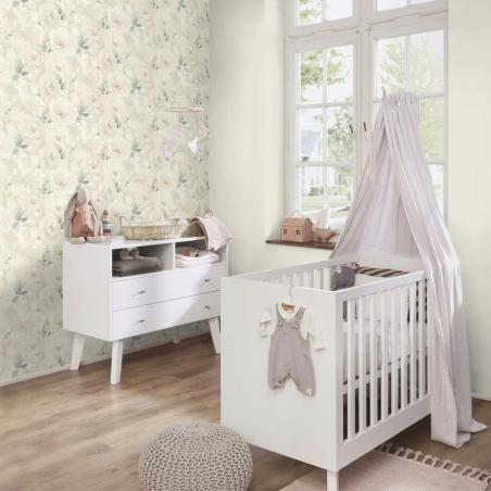 Tapeta ścienna Rasch Selection 582321 delikatne róże kremowe kwiaty z zielonymi listkami