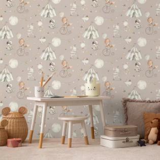 Tapeta dziecięca zwierzęta i pojazdy beżowa