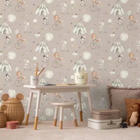 Tapeta dziecięca zwierzęta i pojazdy beżowa