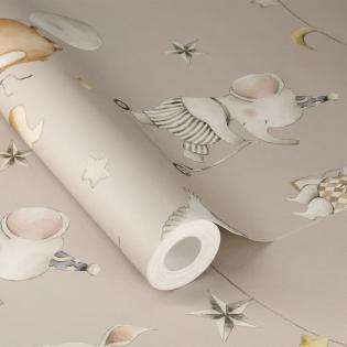 Tapeta 301939 słonik, lisek, sowa, księżyc, cyrk, gwiazdki beżowa