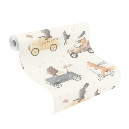 Tapeta ścienna Rasch Kids World II 301878 dla chłopca zwierzątka pojazdy autka kremowa
