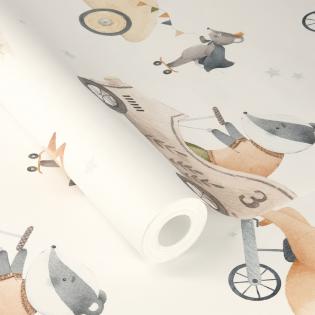 Tapeta ścienna Rasch Kids World II 301878 dla chłopca zwierzątka pojazdy autka kremowa