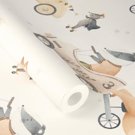 Tapeta ścienna Rasch Kids World II 301878 dla chłopca zwierzątka pojazdy autka kremowa