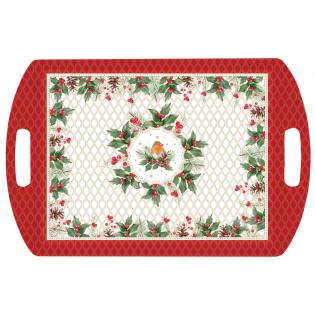 Christmas Berries Taca świąteczna z uchwytami z melaminy z ptaszkiem i ostrokrzewem 52x35cm