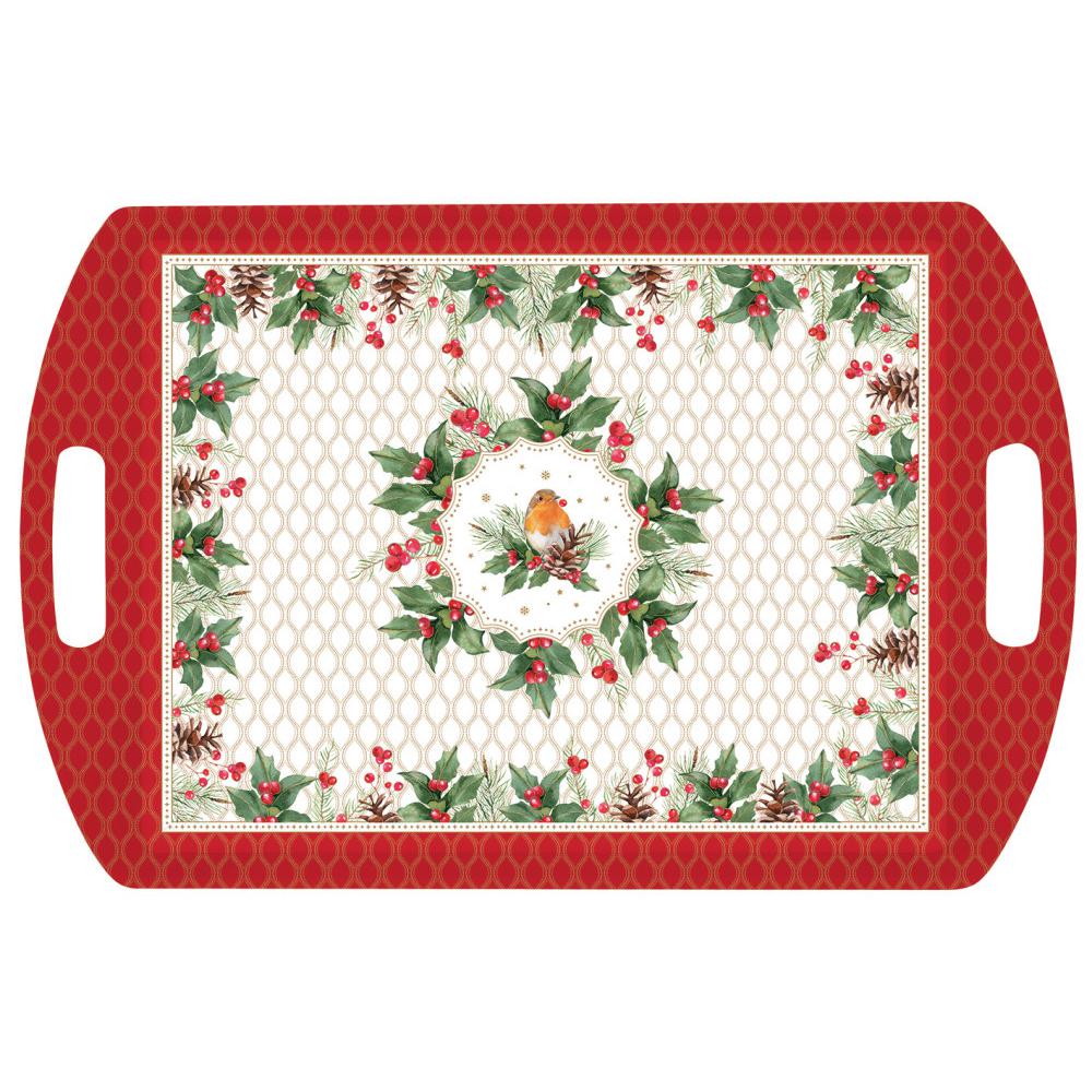 Christmas Berries Taca świąteczna z uchwytami z melaminy z ptaszkiem i ostrokrzewem 52x35cm