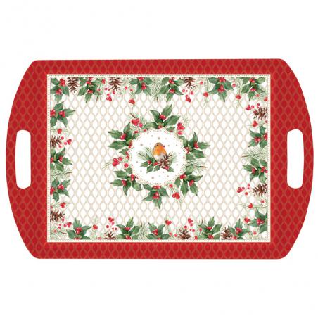 Christmas Berries Taca świąteczna z uchwytami z melaminy z ptaszkiem i ostrokrzewem 52x35cm