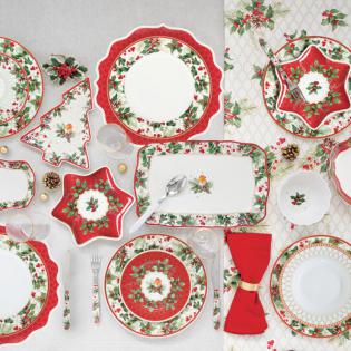 Easy Life Christmas Berries Taca świąteczna z uchwytami z melaminy z ptaszkiem i ostrokrzewem 52x35cm