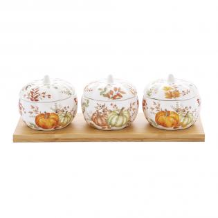 Easy Life Harvest Zestaw 3 pojemników na podstawce drewnianej dynie pomarańczowe jesienne 28x9cm