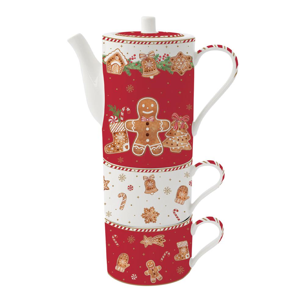 Easy Life Fancy Gingerbread Tea for One świąteczny zestaw dzbanek 500ml i 2 filiżanki piernikowy ludzik