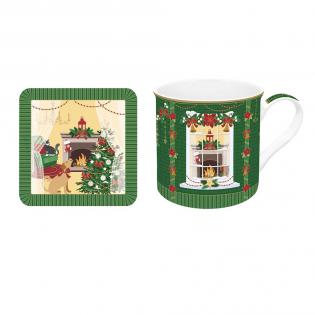 Easy Life Festive Avenue Zestaw kubek świąteczny z podkładką 300ml Domki w pudełku prezentowy