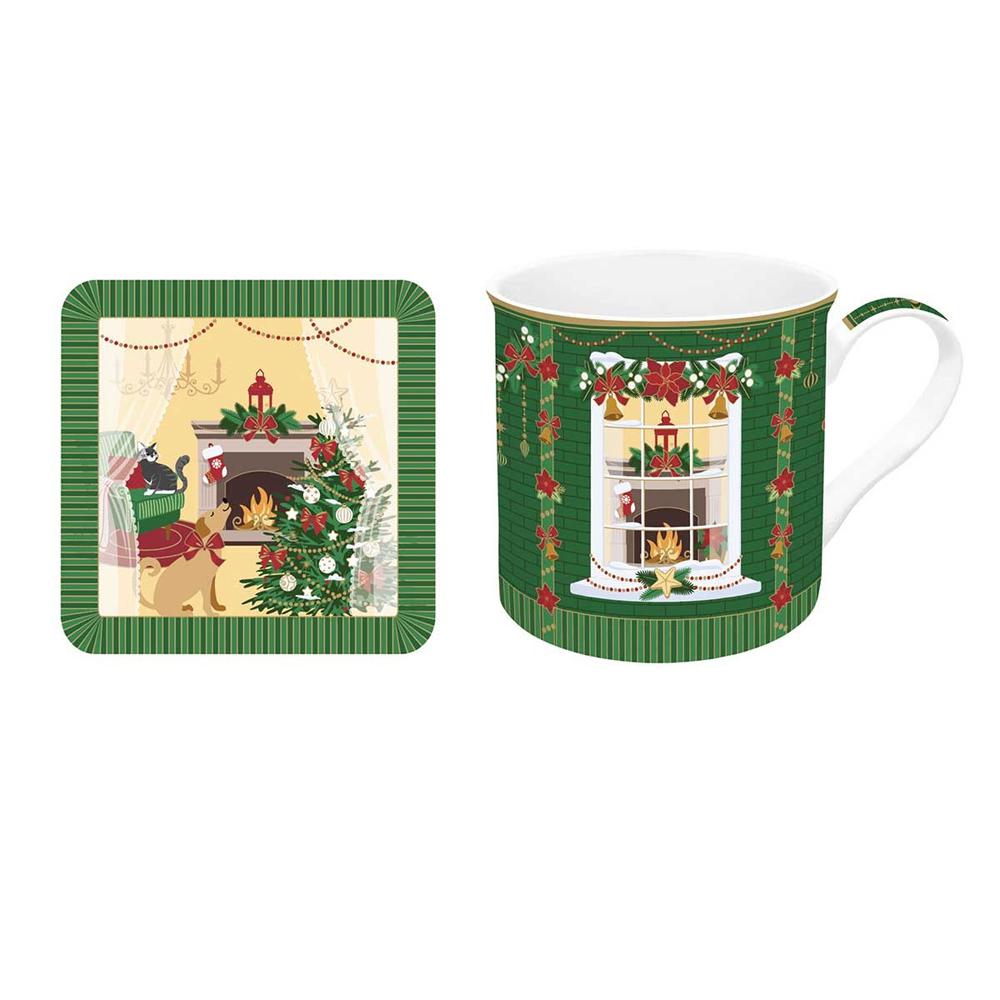 Easy Life Festive Avenue Zestaw kubek świąteczny z podkładką 300ml Domki w pudełku prezentowy