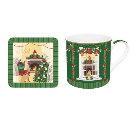 Easy Life Festive Avenue Zestaw kubek świąteczny z podkładką 300ml Domki w pudełku prezentowy