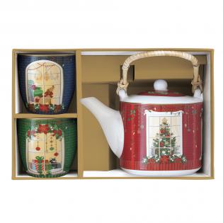 Easy Life Festive Avenue Zestaw prezentowy Czajnik z zaparzaczem 600ml i 2 czarki 160ml Domki świąteczne