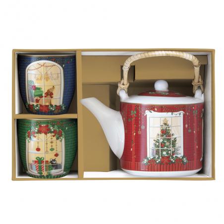 Easy Life Festive Avenue Zestaw prezentowy Czajnik z zaparzaczem 600ml i 2 czarki 160ml Domki świąteczne
