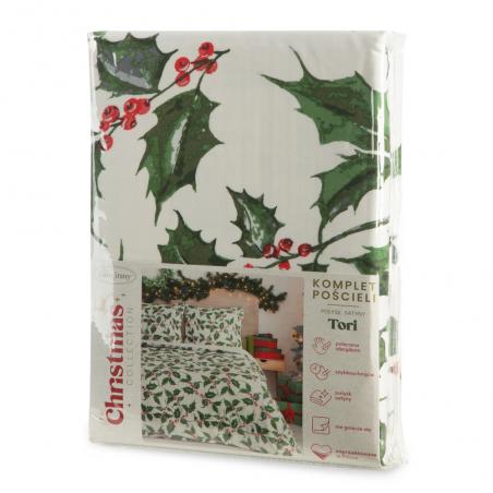 Pościel świąteczna Eurofirany Tori mikrowłókno zielone gałązki z czerwonymi jagodami