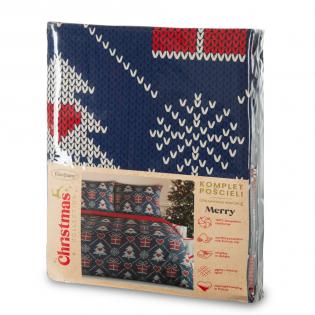 Pościel świąteczna Eurofirany Merry bawełna renforce choinki i prezenty granatowa