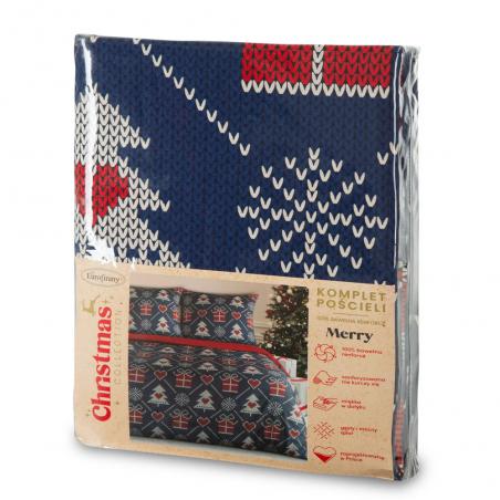 Pościel świąteczna Eurofirany Merry bawełna renforce choinki i prezenty granatowa