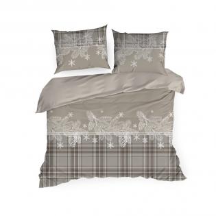 Pościel świąteczna Eurofirany Holly 02 satyna bawełniana szyszki krata beżowa