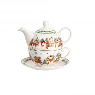 Duo Christmas Village Zestaw do herbaty Tea for one Filiżanka z dzbankiem i spodkiem 350ml Domki świąteczna