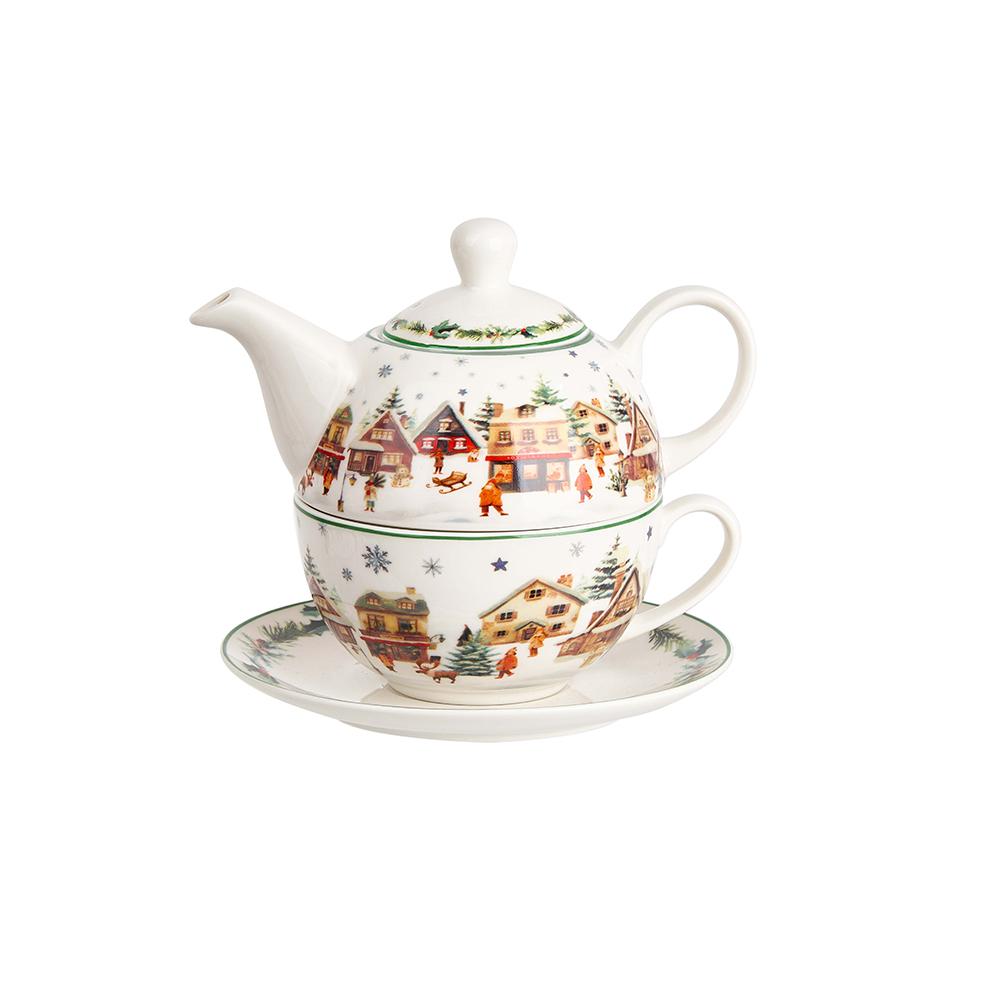 Duo Christmas Village Zestaw do herbaty Tea for one Filiżanka z dzbankiem i spodkiem 350ml Domki świąteczna
