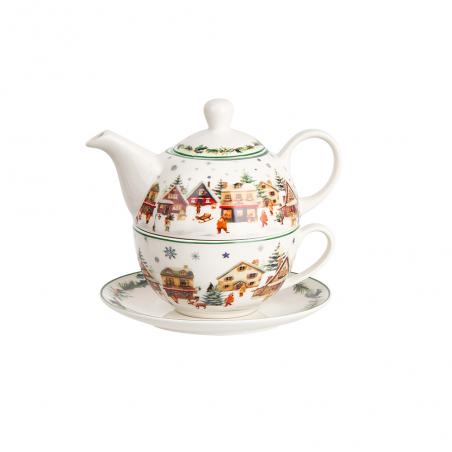 Duo Christmas Village Zestaw do herbaty Tea for one Filiżanka z dzbankiem i spodkiem 350ml Domki świąteczna