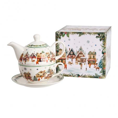 Duo Christmas Village Zestaw do herbaty Tea for one Filiżanka z dzbankiem i spodkiem 350ml Domki świątec