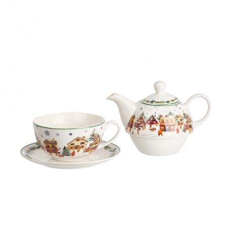 Duo Christmas Village Zestaw do herbaty Tea for one Filiżanka z dzbankiem i spodkiem 350ml Domki świątec