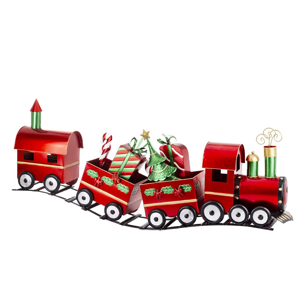 Dekoracja świąteczna Pociąg metalowy z wagonami i torami czerwony 135cm