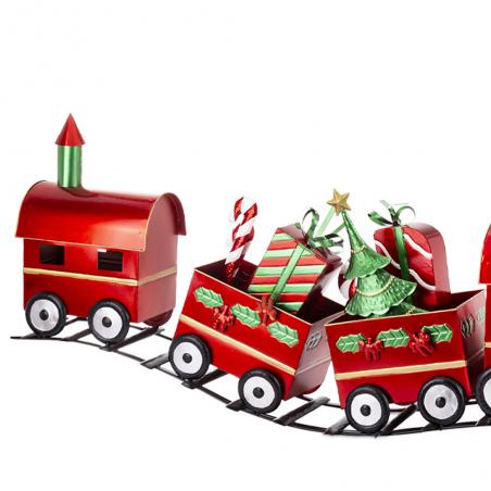 Dekoracja świąteczna Pociąg metalowy z wagonami i torami czerwony 135cm