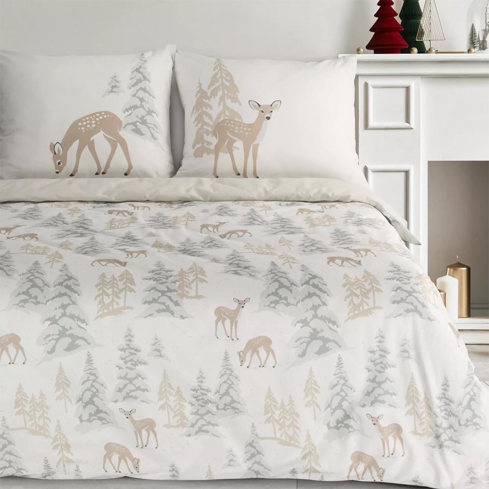 Pościel świąteczna Eurofirany Fawn bawełna sarenki beżowe i choinki