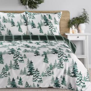 Pościel świąteczna Eurofirany Winter satyna bawełniana zielone choinki kratka