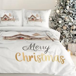 Pościel świąteczna Eurofirany Joyfull satyna bawełniana domek świąteczny z napisem Merry Christmas