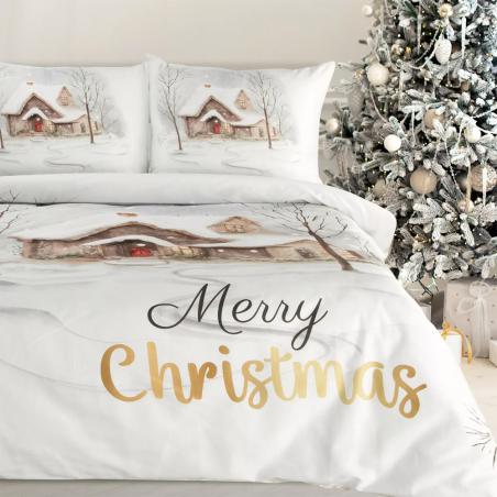 Pościel świąteczna Eurofirany Joyfull satyna bawełniana domek świąteczny z napisem Merry Christmas