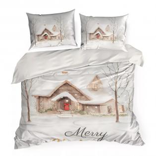 Pościel świąteczna Eurofirany Joyfull satyna bawełniana domek świąteczny z napisem Merry Christmas