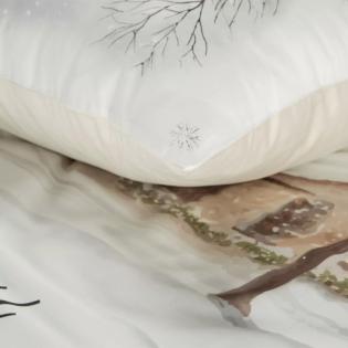 Pościel świąteczna Eurofirany Joyfull satyna bawełniana domek świąteczny z napisem Merry Christmas