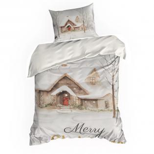 Pościel świąteczna Eurofirany Joyfull satyna bawełniana domek świąteczny z napisem Merry Christmas