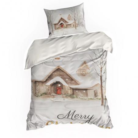 Pościel świąteczna Eurofirany Joyfull satyna bawełniana domek świąteczny z napisem Merry Christmas