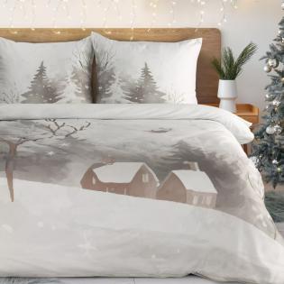 Pościel świąteczna Eurofirany Inverno satyna bawełniana las domek beżowy