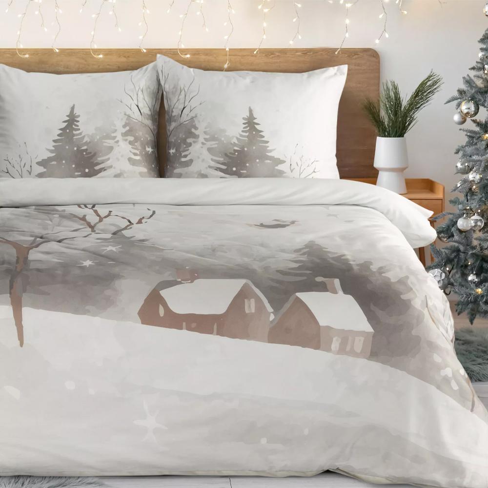 Pościel świąteczna Eurofirany Inverno satyna bawełniana las domek beżowy