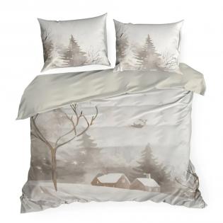 Pościel świąteczna Eurofirany Inverno satyna bawełniana las domek beżowy