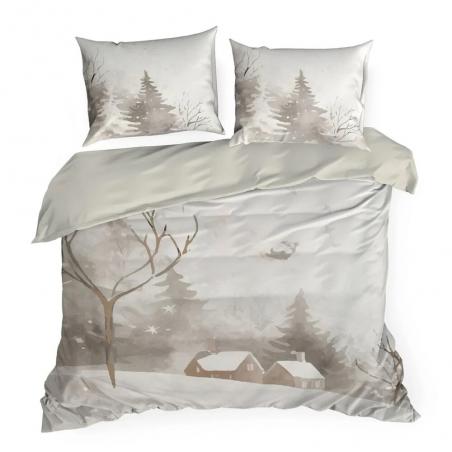 Pościel świąteczna Eurofirany Inverno satyna bawełniana las domek beżowy