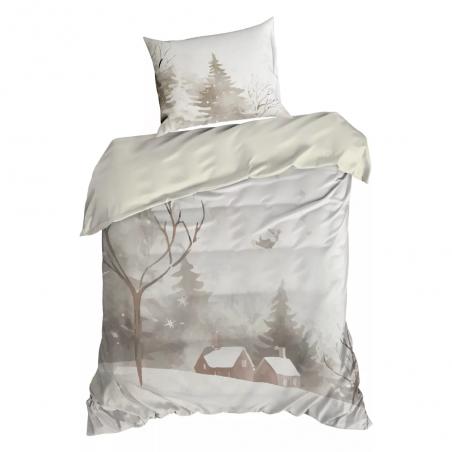 Pościel świąteczna Eurofirany Inverno satyna bawełniana las domek beżowy